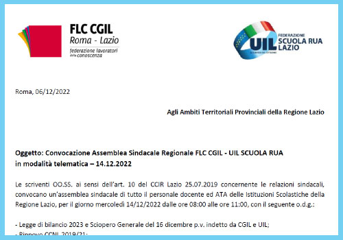 Scopri di più sull'articolo Convocazione Assemblea Sindacale Regionale FLC CGIL – UIL SCUOLA RUA in modalità telematica – 14.12.2022