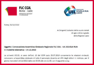 Scopri di più sull'articolo Convocazione Assemblea Sindacale Regionale FLC CGIL – UIL SCUOLA RUA in modalità telematica – 14.12.2022