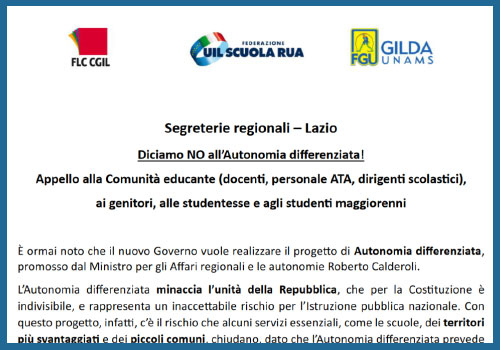 Al momento stai visualizzando Segreterie Regionali Lazio – Diciamo NO all’Autonomia differenziata
