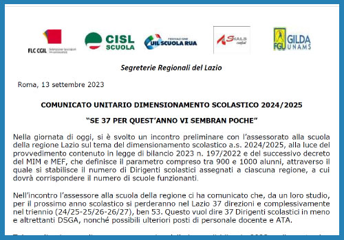 Al momento stai visualizzando COMUNICATO UNITARIO DIMENSIONAMENTO SCOLASTICO 2024/2025