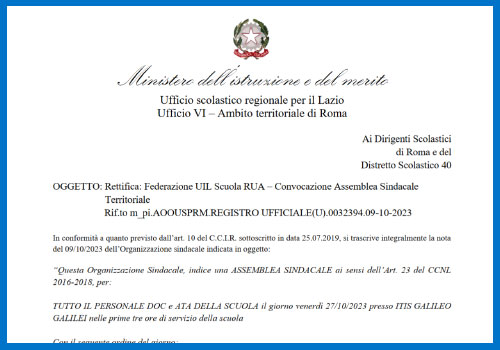 Scopri di più sull'articolo Rettifica: Federazione UIL Scuola RUA – Convocazione Assemblea Sindacale Territoriale