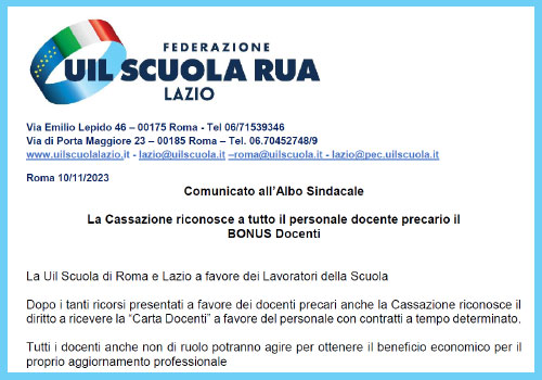 Al momento stai visualizzando La Cassazione riconosce a tutto il personale docente precario il BONUS Docenti