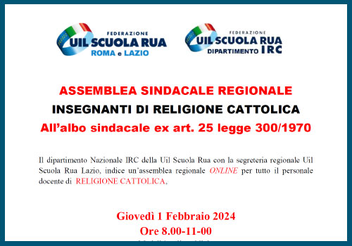 Al momento stai visualizzando ASSEMBLEA SINDACALE REGIONALE INSEGNANTI DI RELIGIONE CATTOLICA – All’albo sindacale ex art. 25 legge 300/1970